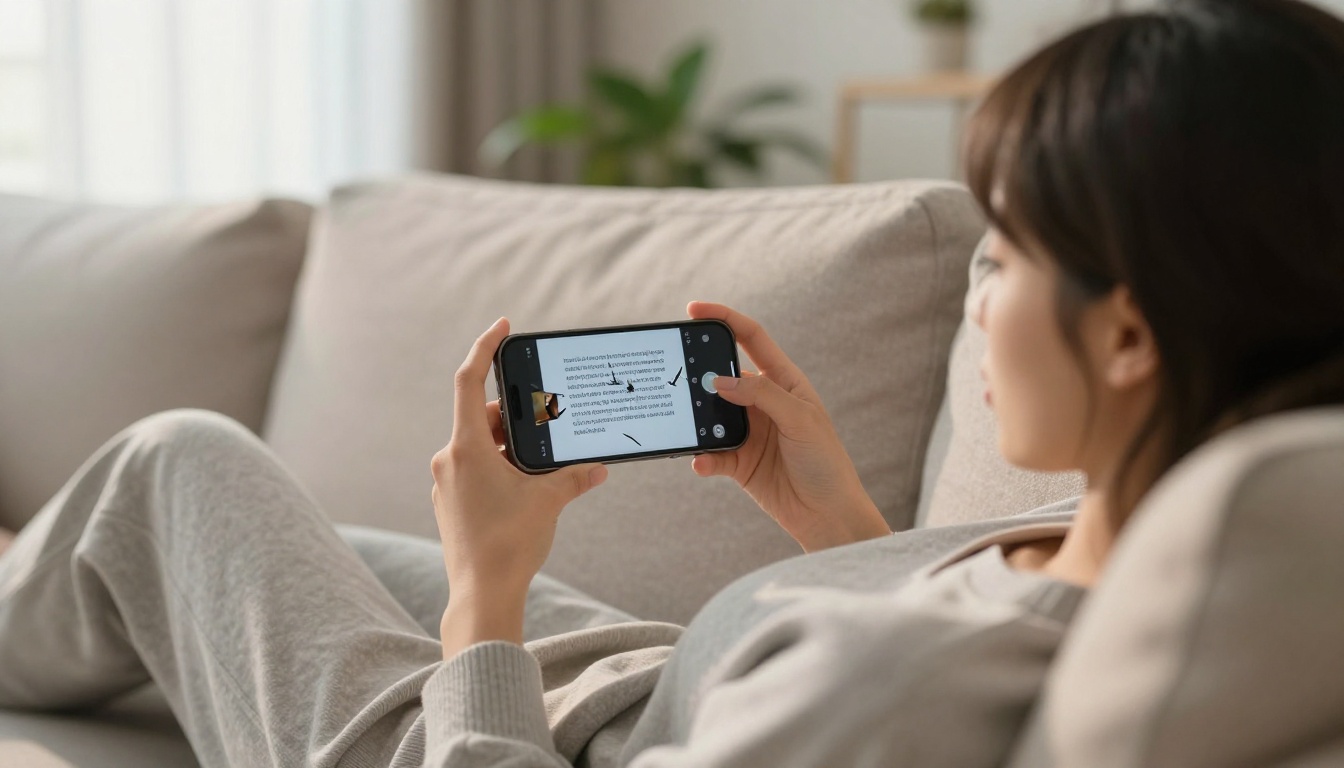 A woman on a sofa holding a smartphone showing a broken, cropped flipbook layout