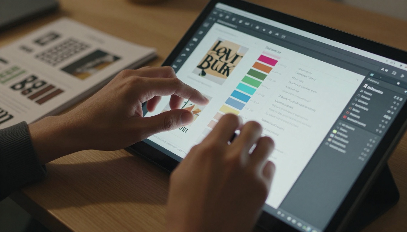 Close-up of a designer's hands adjusting color swatches and typography on a large touchscreen display