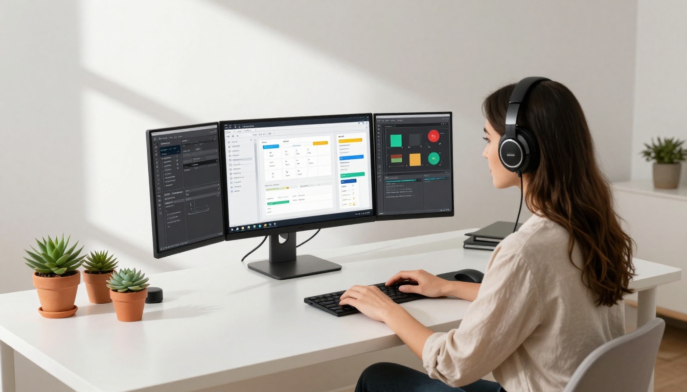A freelance designer at a dual-monitor setup working on a flipbook creation dashboard and analytics charts