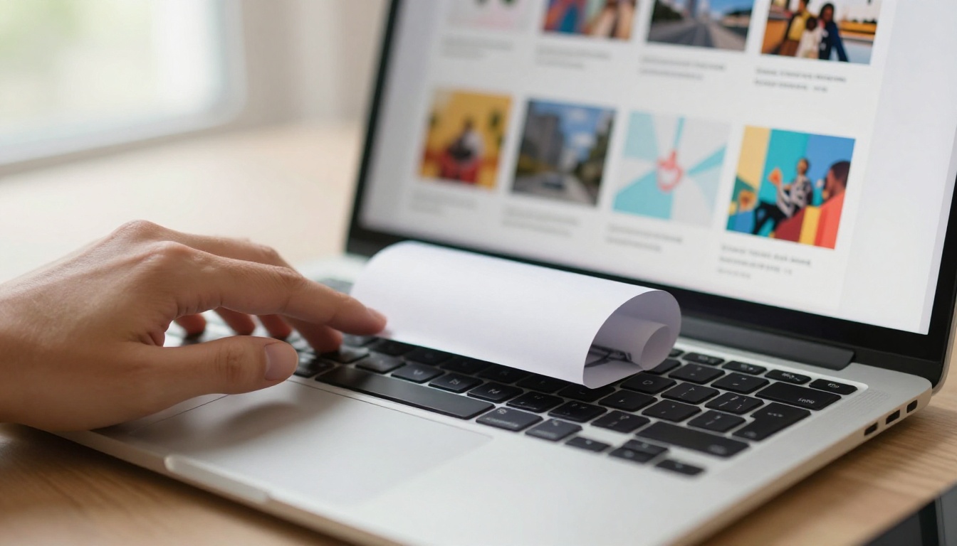 Designer hands scrolling through an interactive flipbook portfolio on a MacBook Pro