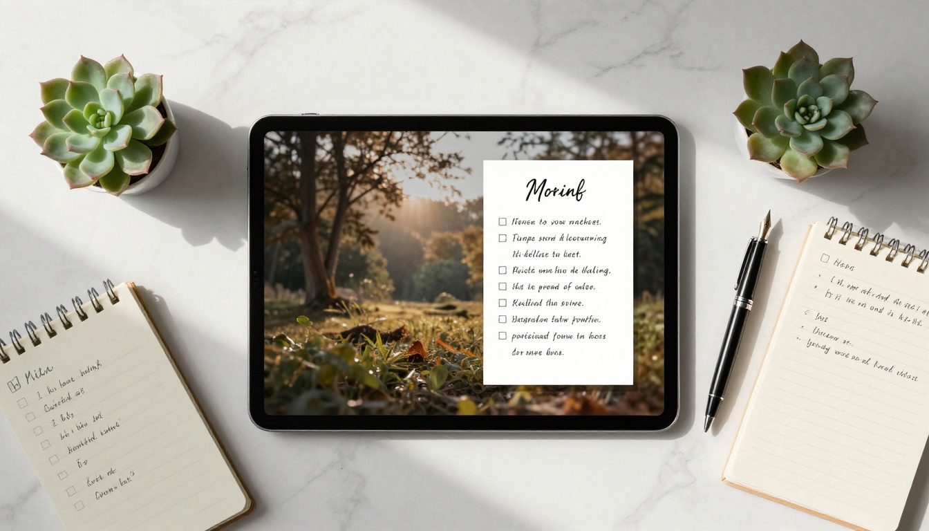 An elegant flat-lay of a tablet showing a finished digital flipbook with a notebook and fountain pen on a marble surface