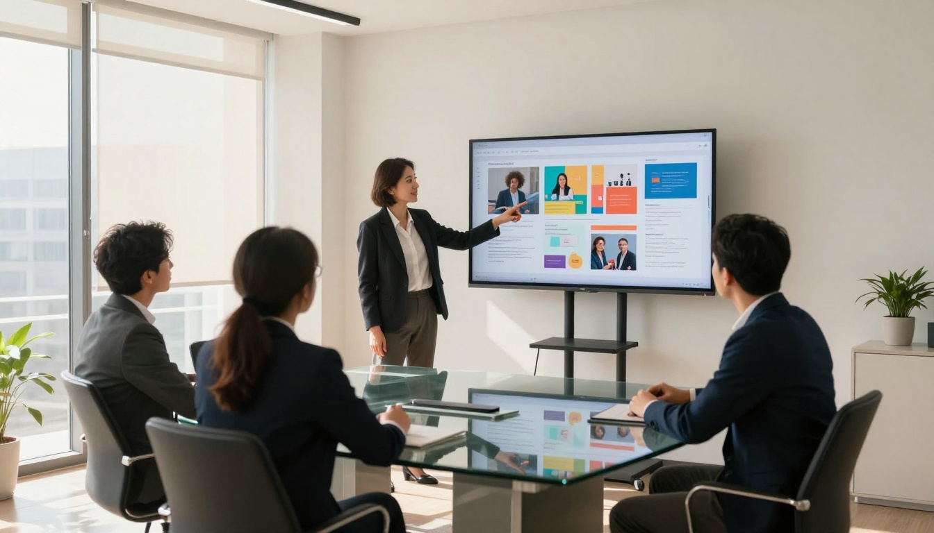 Graphic designer presenting a client proposal flipbook in a modern meeting room