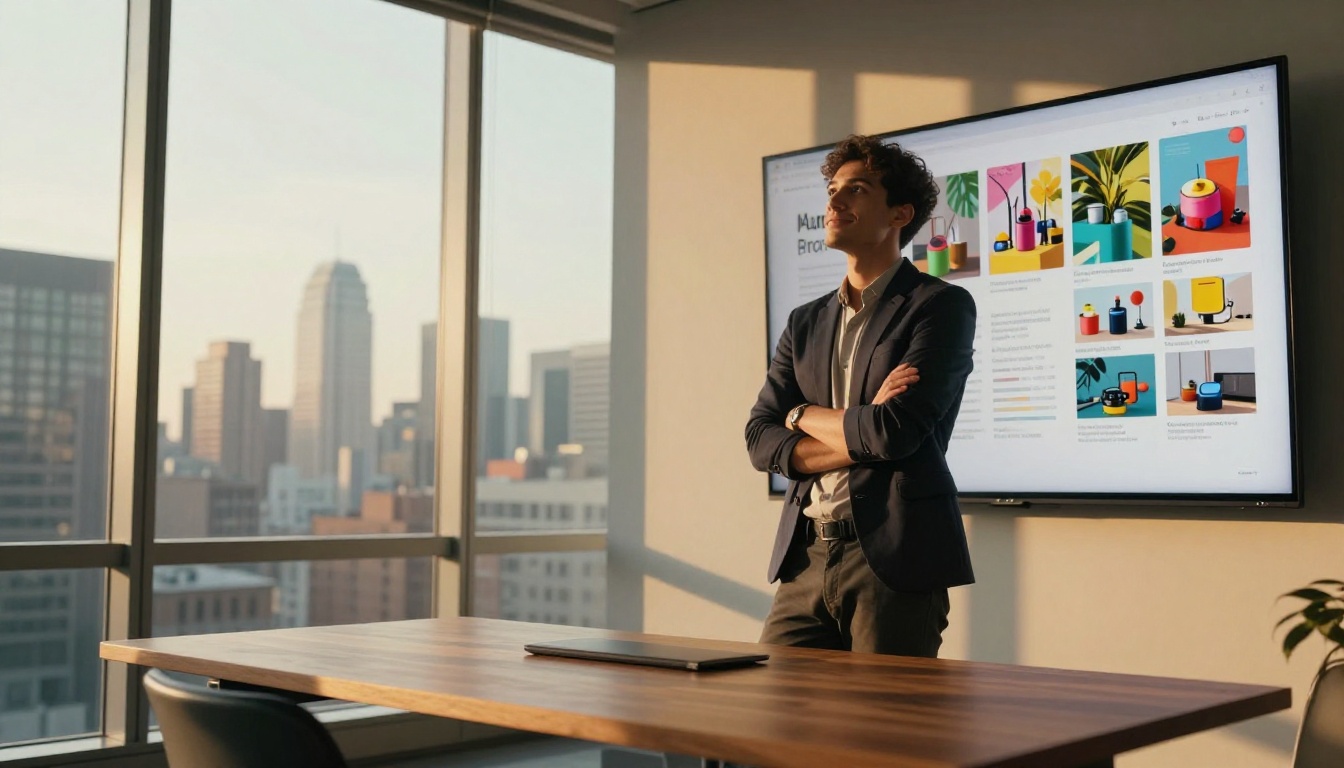 A confident young entrepreneur at a standing desk with a completed professional flipbook displayed on a large monitor