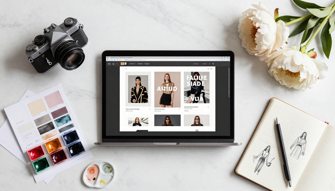 Overhead flat-lay of designer workspace with laptop showing a fashion portfolio flipbook