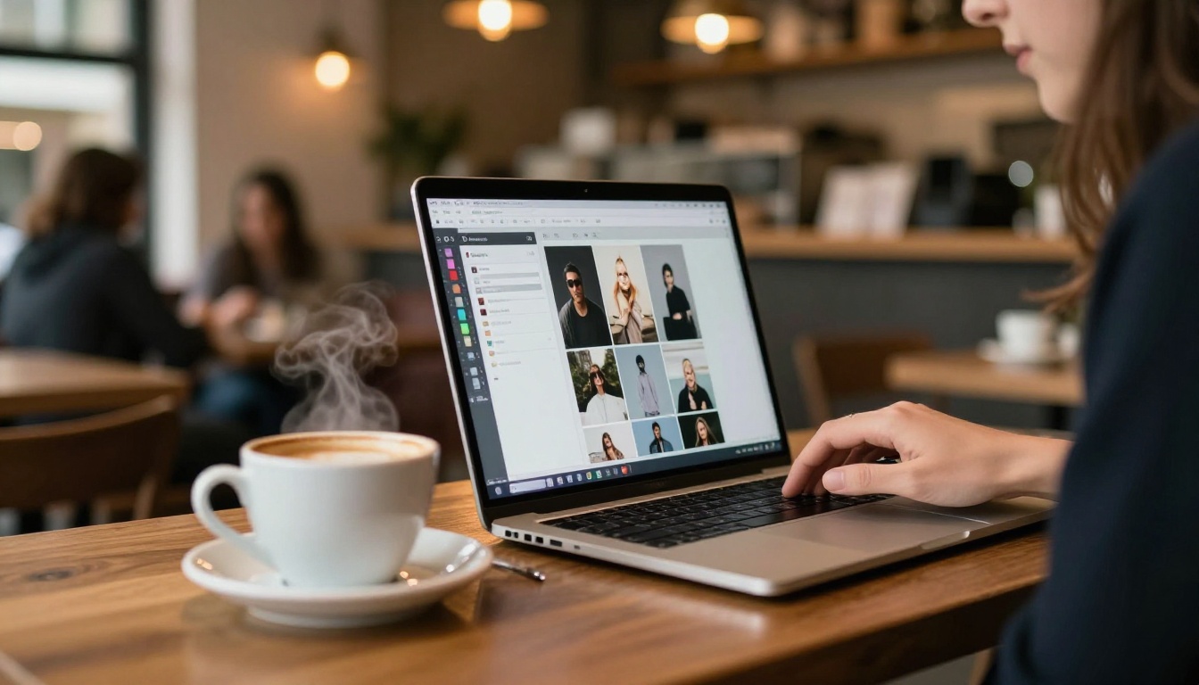 Freelance designer customizing a brochure flipbook on laptop at a cafe