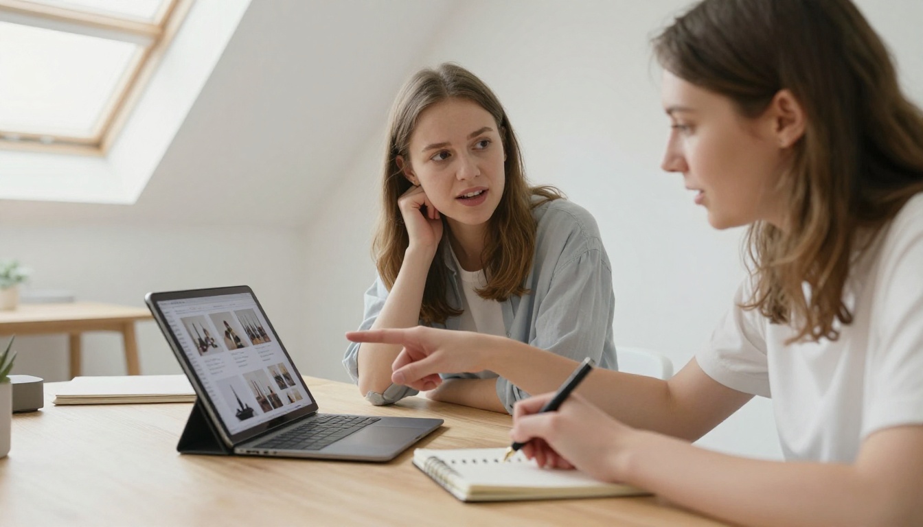 Two designers collaborating on a flipbook proposal using a tablet in a Scandinavian home office