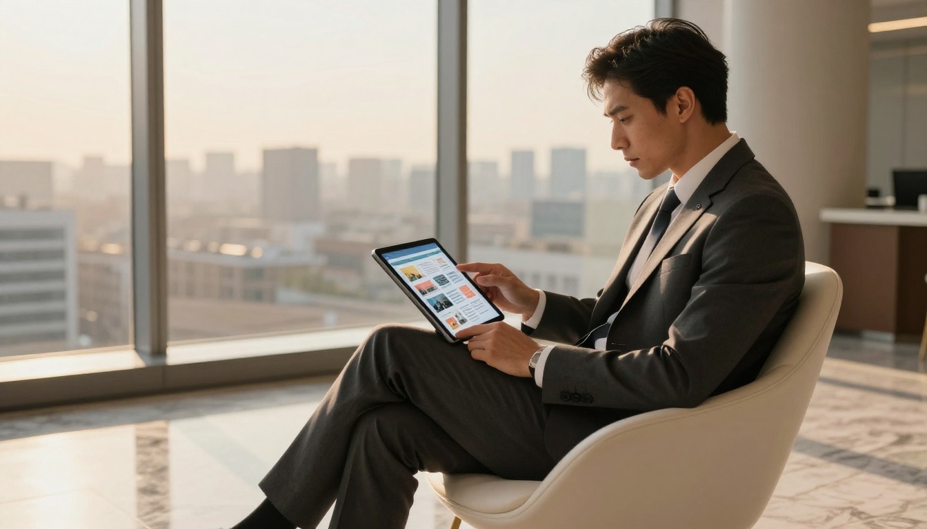 Business client absorbed in an interactive flipbook case study on a tablet in a premium office Business client absorbed in an interactive flipbook case study on a tablet in a premium office