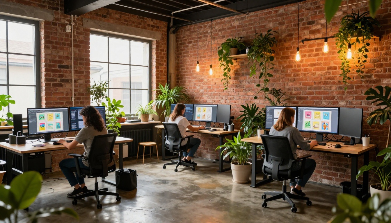 Wide shot of a modern creative studio with designers working on flipbook designs at standing desks Wide shot of a modern creative studio with designers working on flipbook designs at standing desks