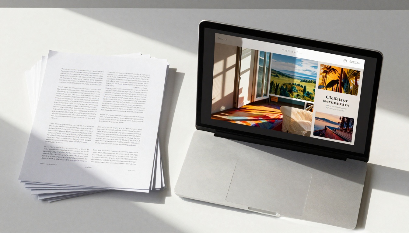 Side-by-side comparison of a flat PDF stack versus a vibrant flipbook portfolio on a clean desk Side-by-side comparison of a flat PDF stack versus a vibrant flipbook portfolio on a clean desk