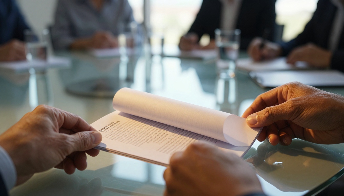 Hands turning pitch deck pages at a conference table