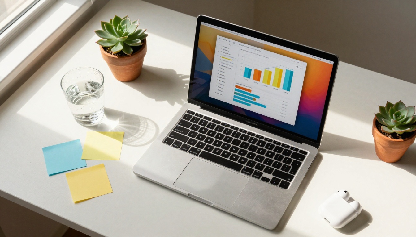 Aerial view of startup desk with MacBook showing pitch deck PDF