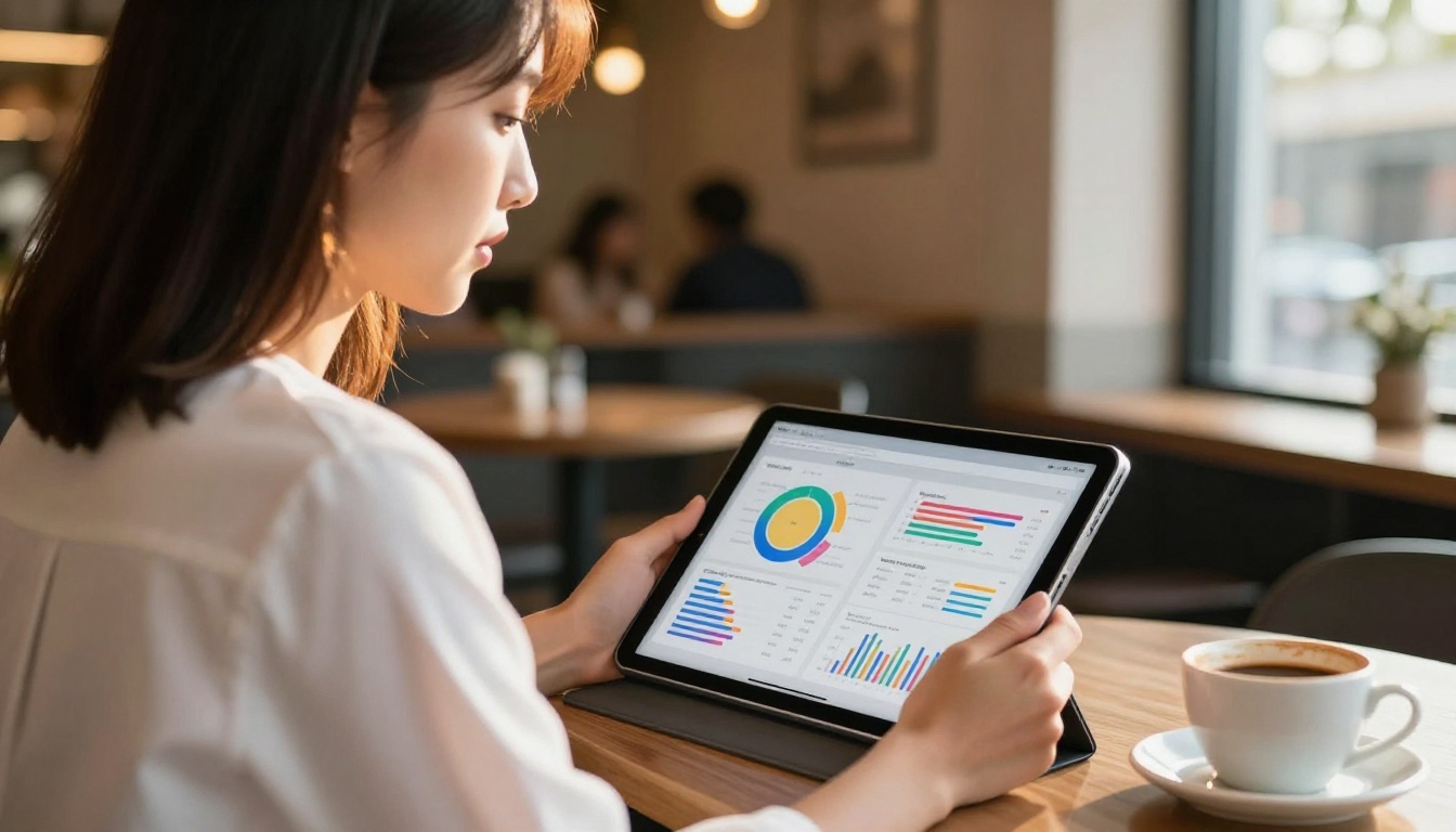 Startup founder reviewing pitch deck on iPad at a cafe