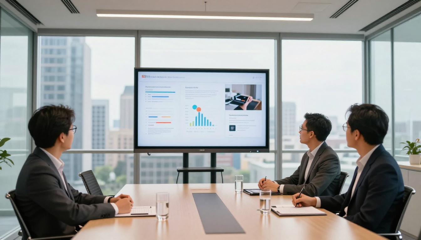 Pitch meeting in glass-walled conference room with investors