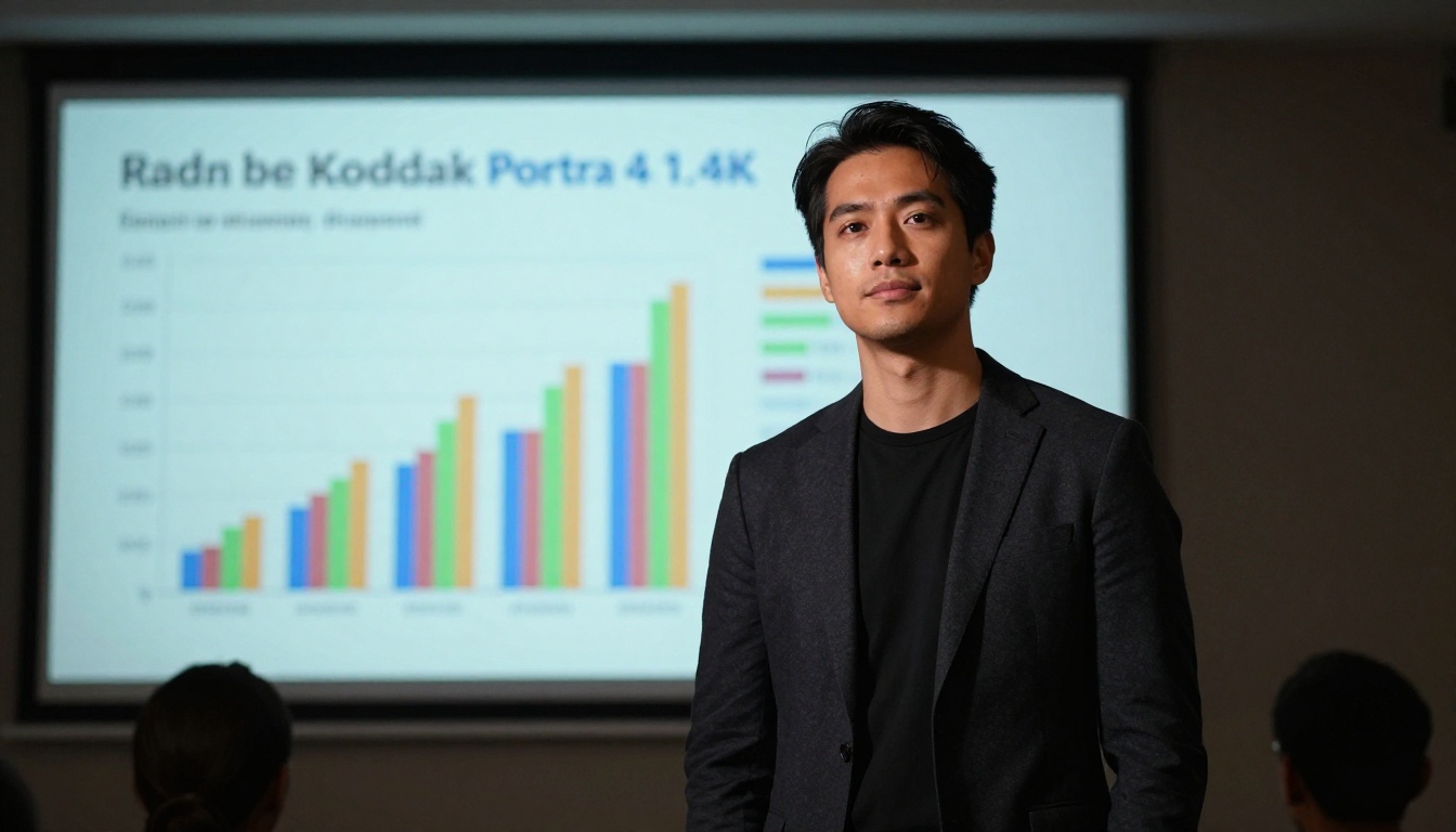 Entrepreneur presenting from screen in dark presentation room