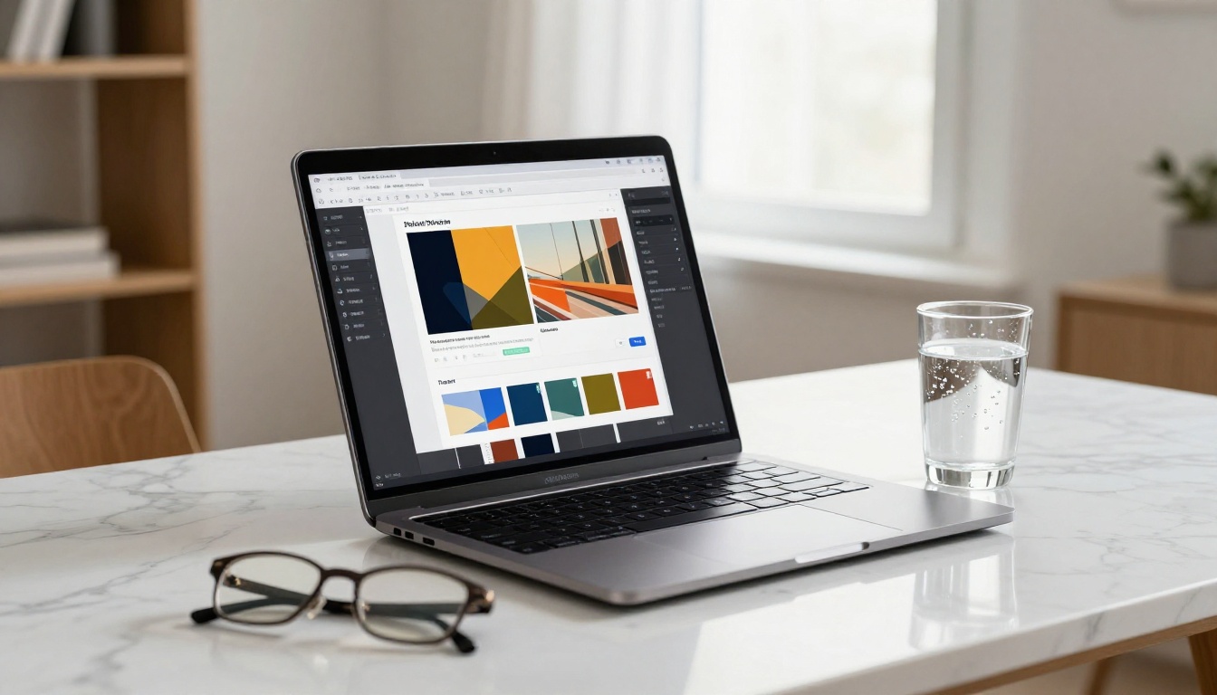 Laptop with PDF editor interface on white marble desk