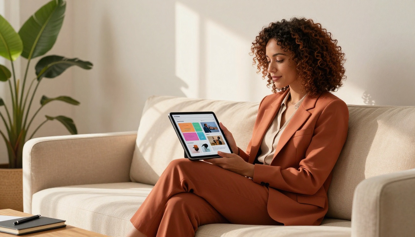 Professional woman with tablet reviewing pitch deck on sofa