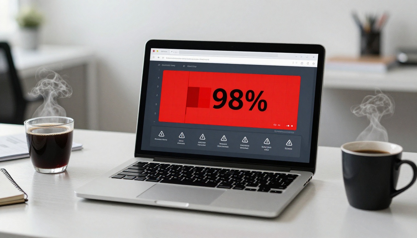 Laptop screen showing storage dashboard at 98% full with warning indicators Laptop screen showing storage dashboard at 98% full with warning indicators