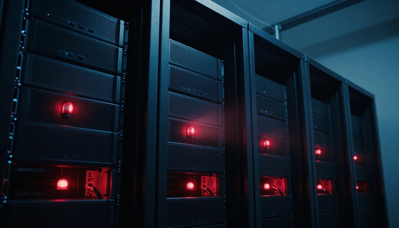 Dark server room with red warning light illuminating server racks from below Dark server room with red warning light illuminating server racks from below