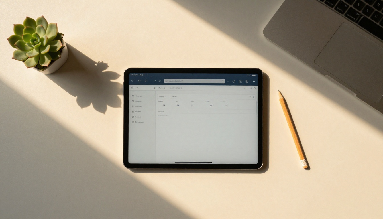 Aerial view of tablet showing empty analytics dashboard on clean white desk Aerial view of tablet showing empty analytics dashboard on clean white desk