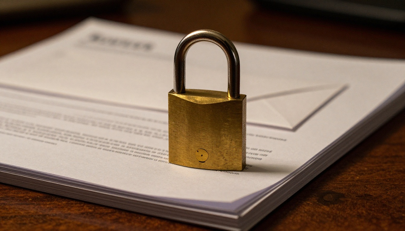 Brass padlock on stack of business documents with warm tungsten lighting