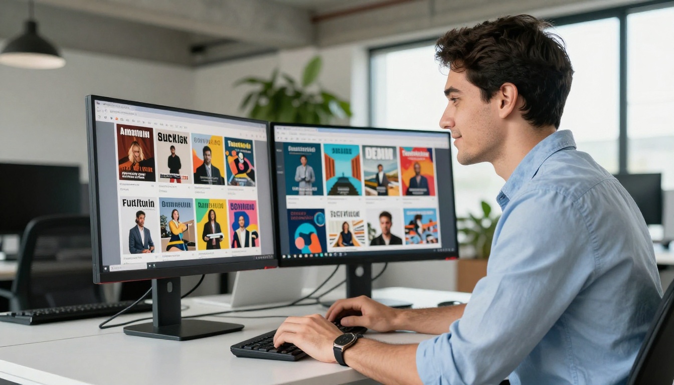 Professional with dual monitors showing polished digital publication in modern office