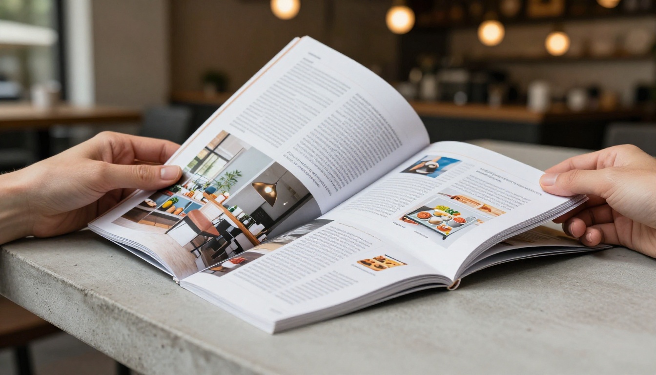 Woman's hands holding open glossy magazine catalog at cafe table with bokeh background