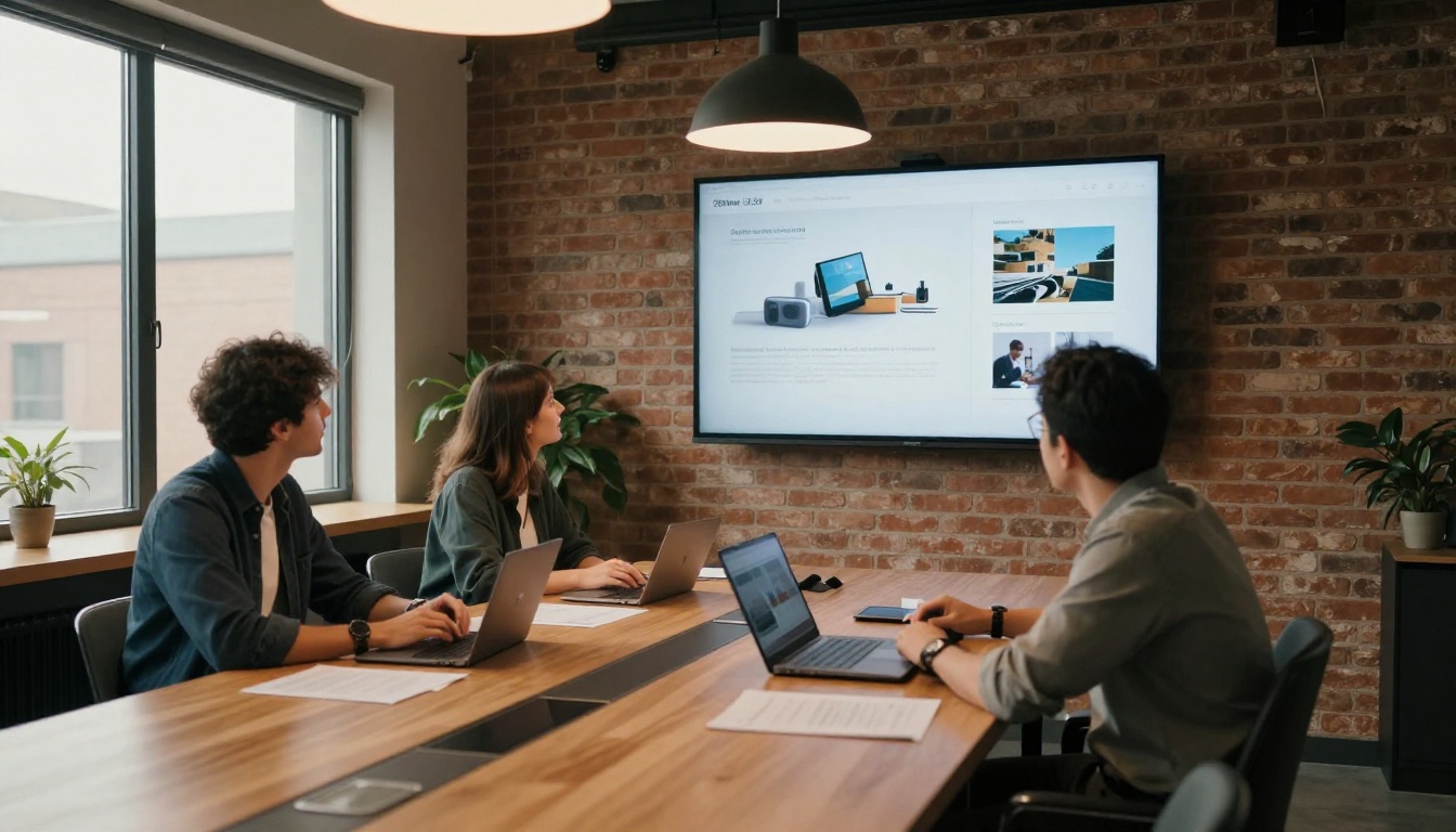 Wide shot of modern creative agency meeting room with professionals viewing digital presentation on wall screen