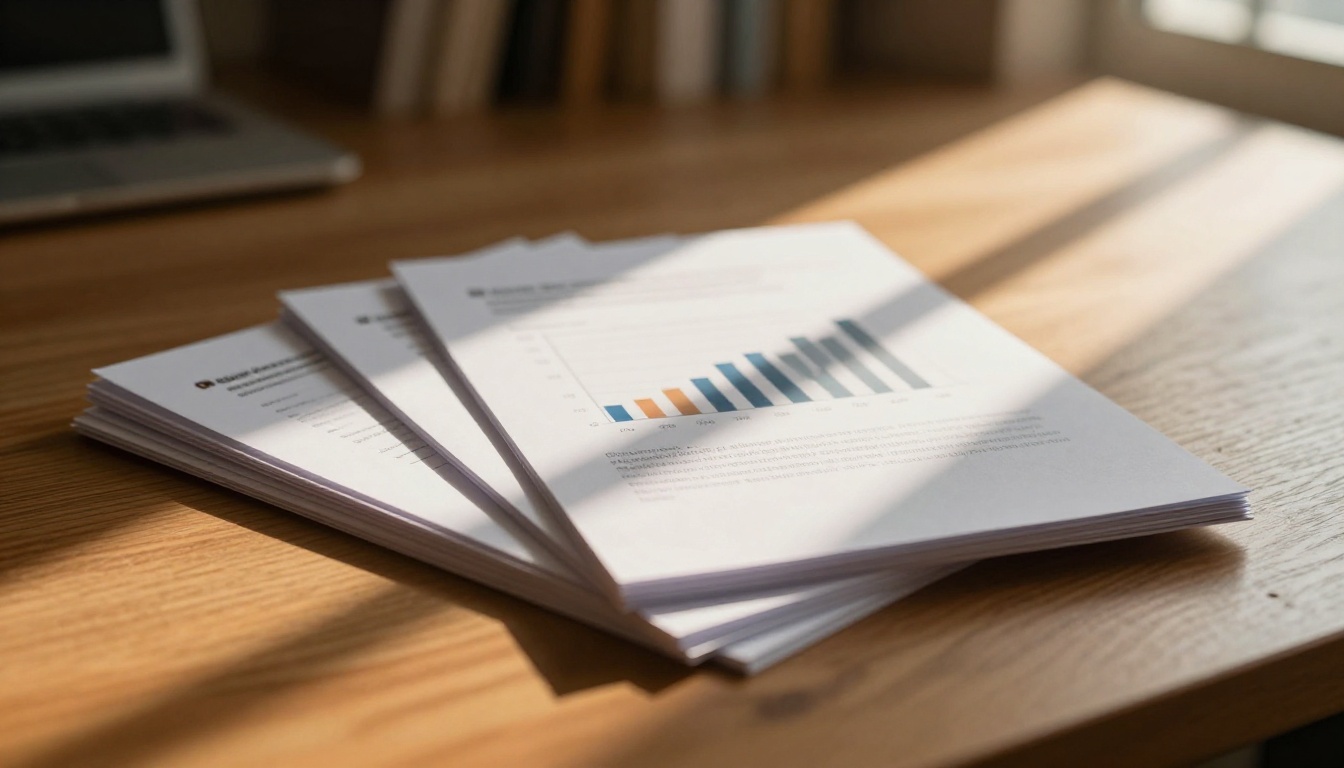 Fanned stack of printed presentation slides on a wooden desk with golden afternoon light
