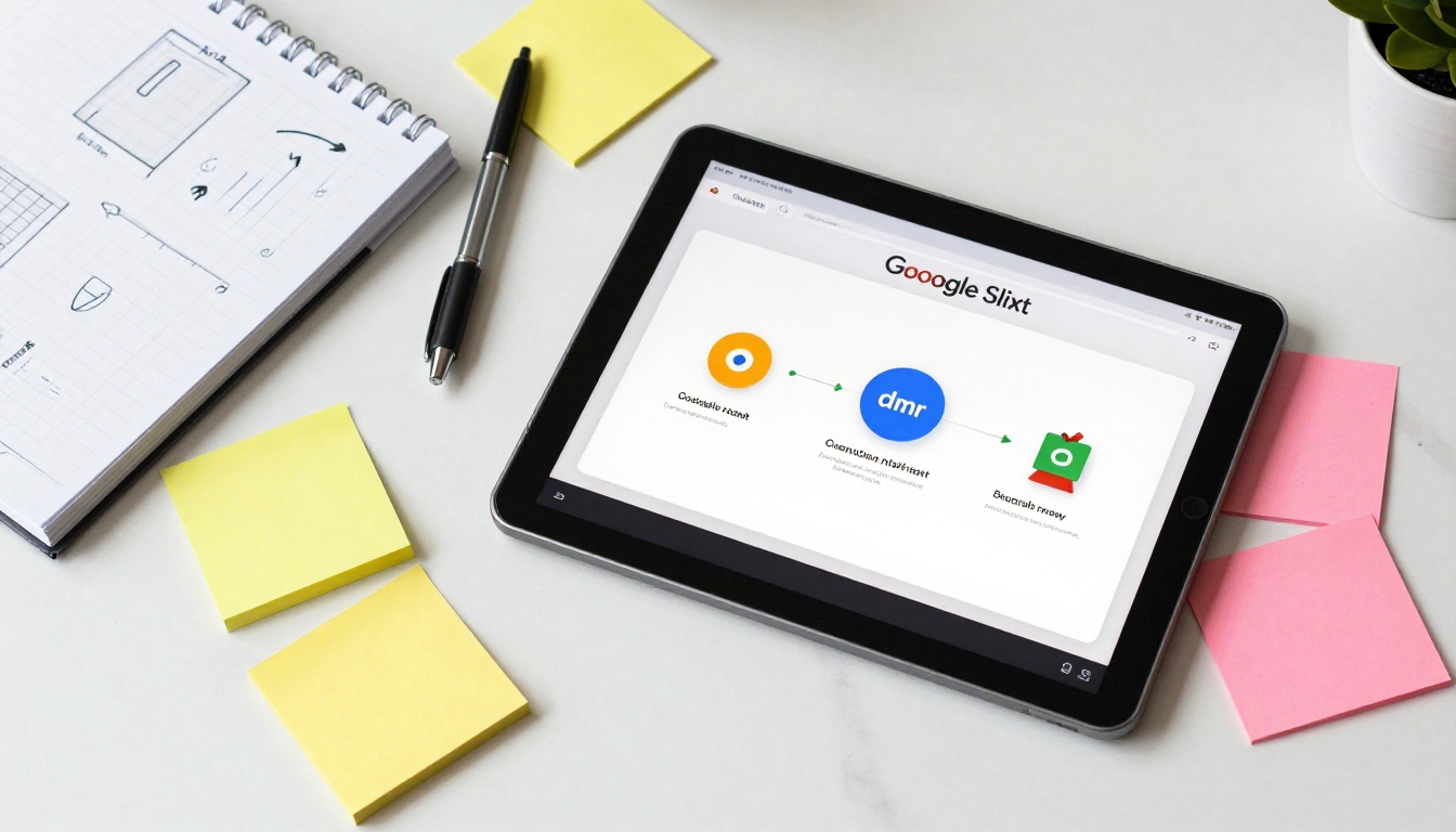 Aerial overhead flat-lay view of a workspace with a Google Slides presentation on a tablet surrounded by sticky notes and notebooks