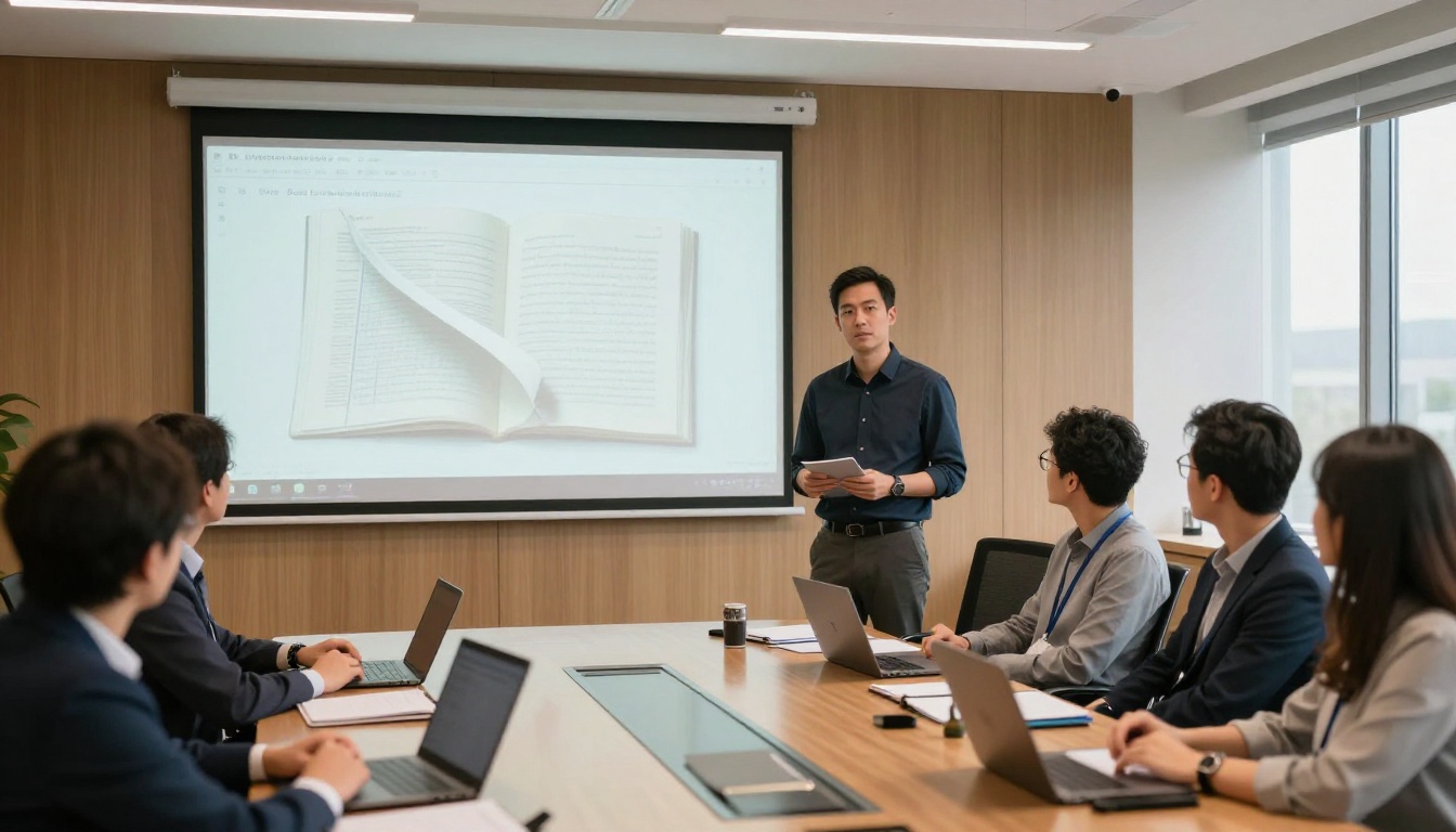Professional man presenting in a corporate conference room with a digital flipbook displayed on a large screen