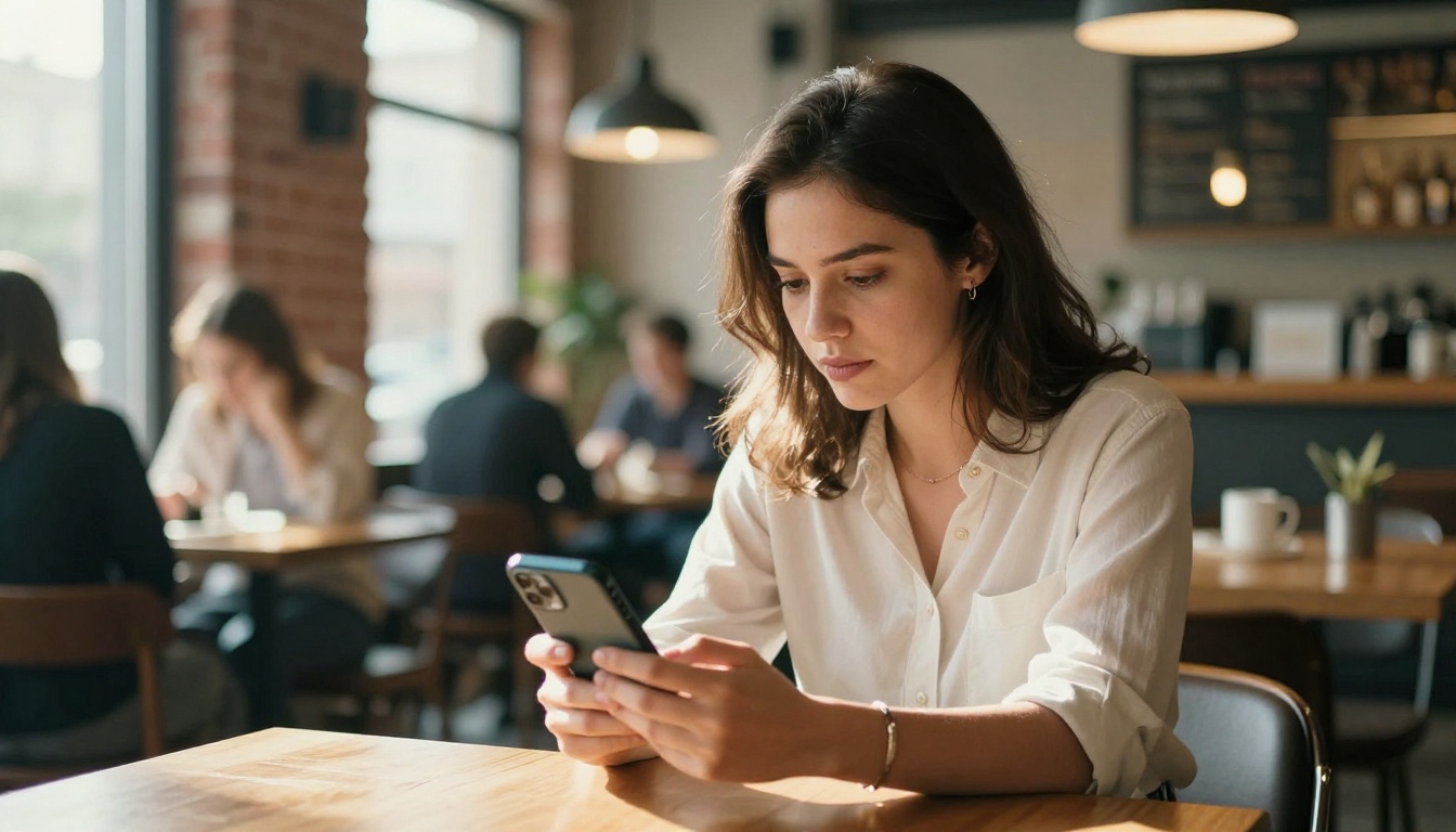 Young professional woman scrolling through a digital flipbook on her smartphone in a modern cafe