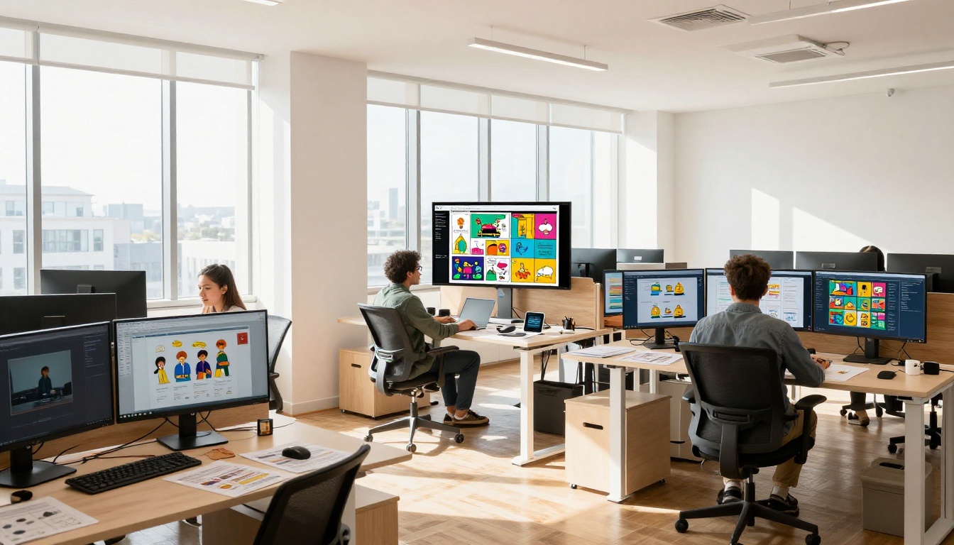 Wide shot of a creative agency office team collaborating around monitors displaying flipbook designs