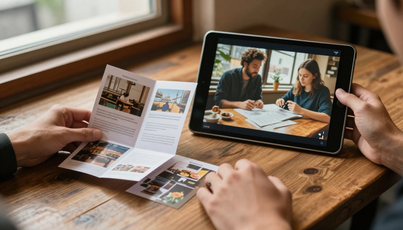 Hands holding a printed brochure next to a tablet showing the same content as a digital flipbook