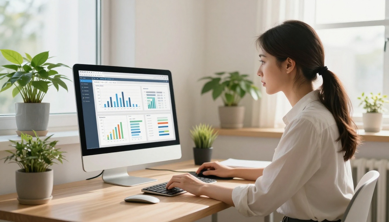 Young professional woman reviewing flipbook analytics dashboard on a home office desktop computer