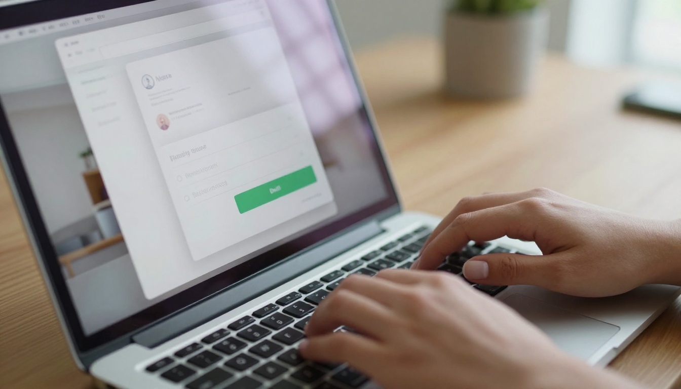 Close-up of hands typing on a laptop showing a digital flipbook with a lead form popup overlay