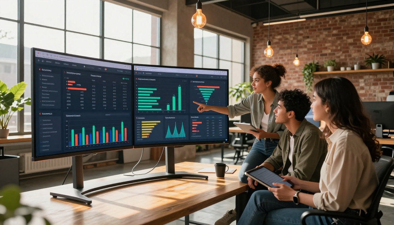 A marketing team gathered around a large monitor reviewing flipbook lead generation analytics