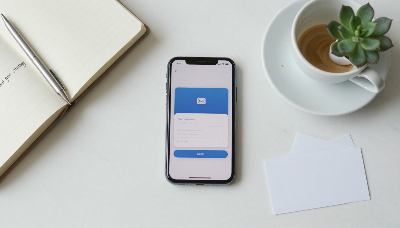 Flat-lay overhead view of a smartphone showing a flipbook email opt-in form on a marble desk with a notebook and coffee