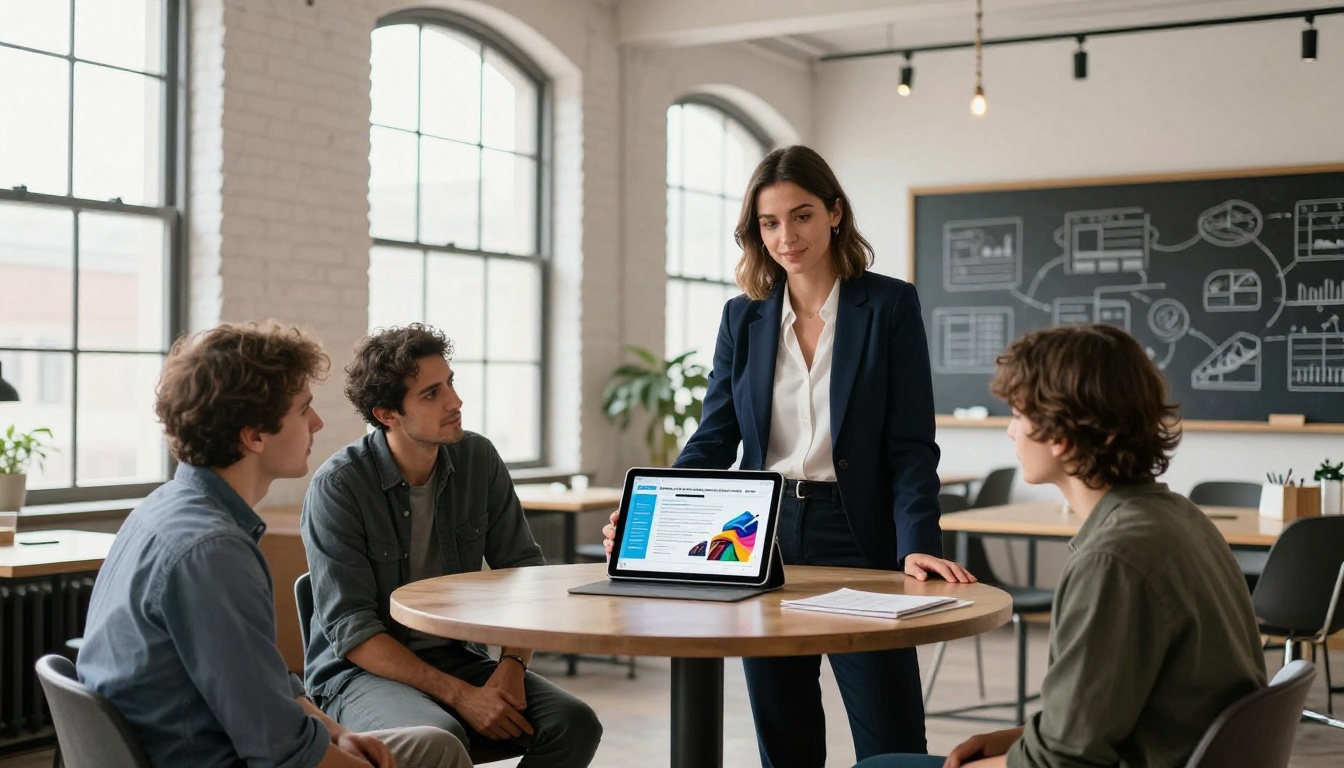 Confident woman showing a digital flipbook on an iPad to two engaged colleagues in a bright startup office