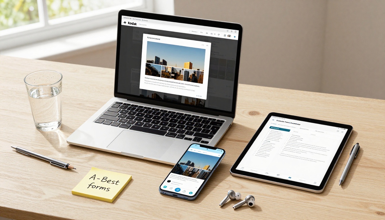Top-down view of three devices showing a digital flipbook across laptop, smartphone, and iPad on a wooden desk