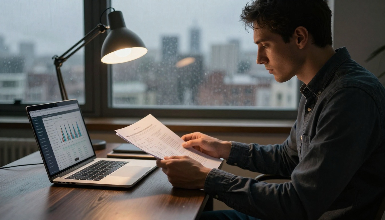 Man reviewing printed analytics report at a walnut desk beside a laptop showing flipbook conversion statistics