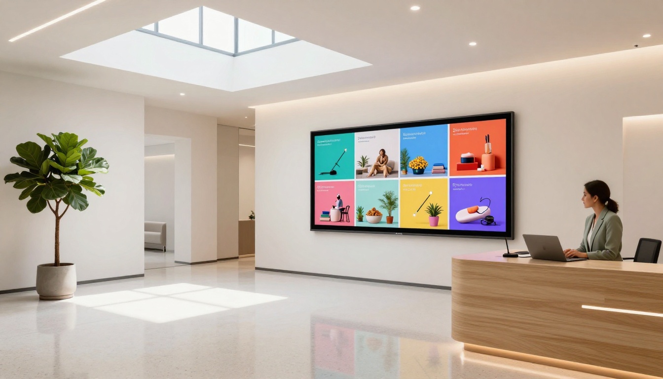 Wide interior shot of a modern office reception area with a large screen displaying an interactive digital flipbook