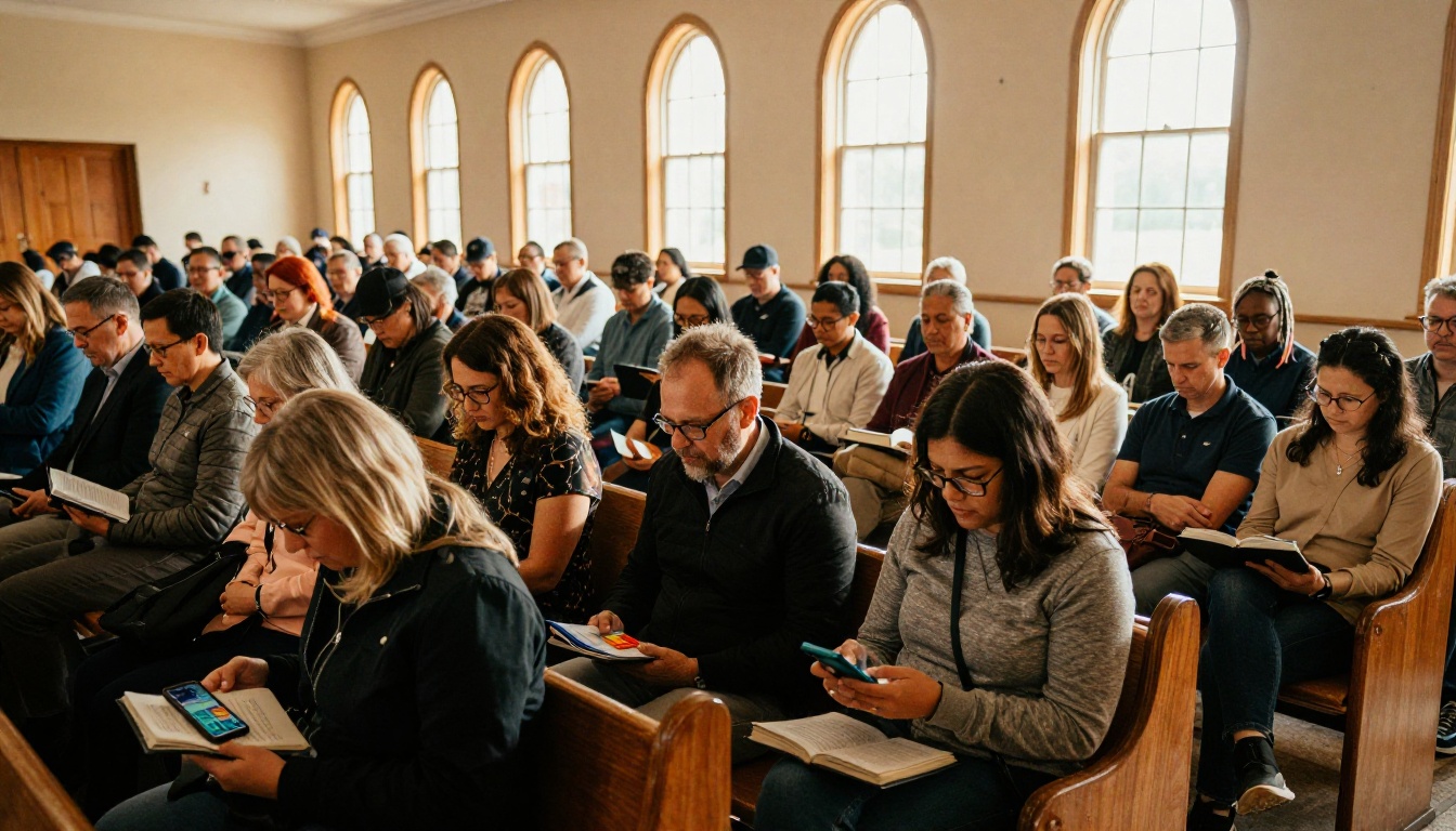 Congregation members in church pews checking digital bulletins on phones and tablets during Sunday service