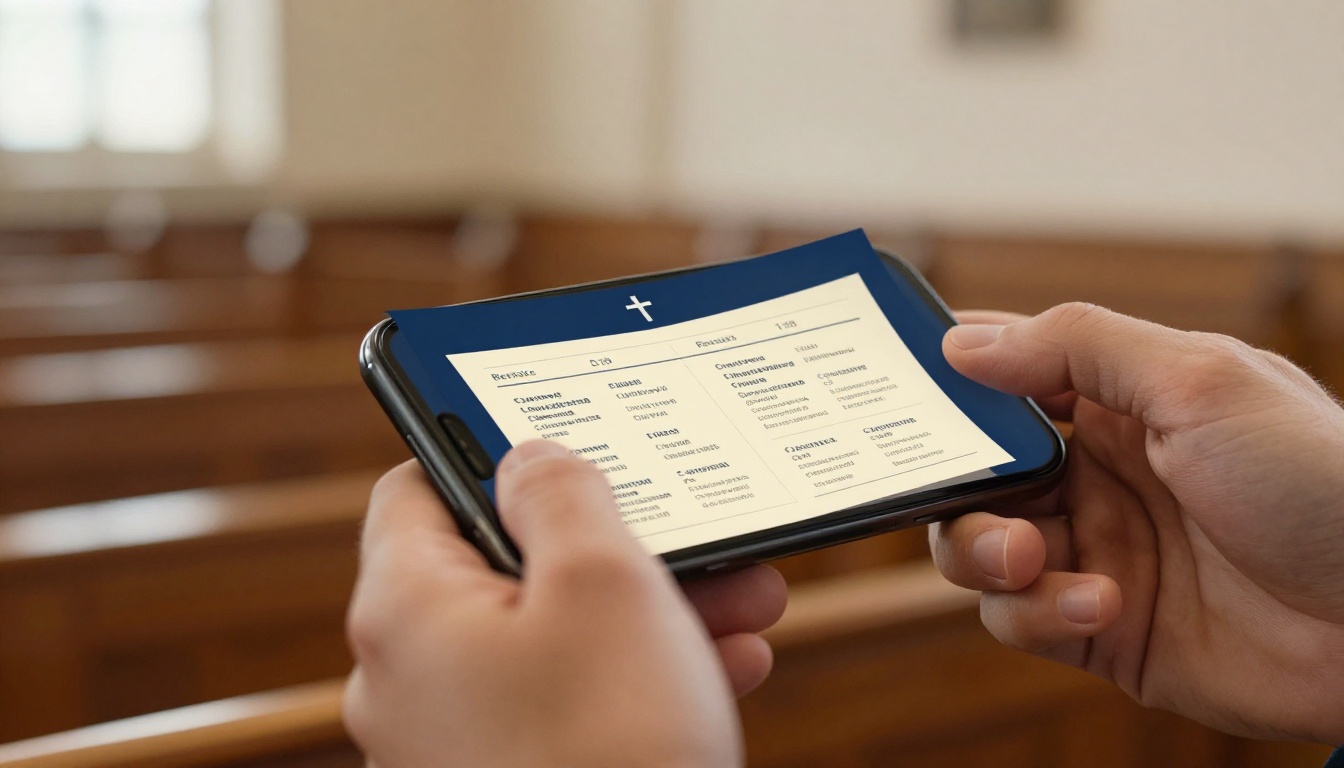 Close-up of hands holding smartphone displaying an interactive church bulletin flipbook with cross symbol header