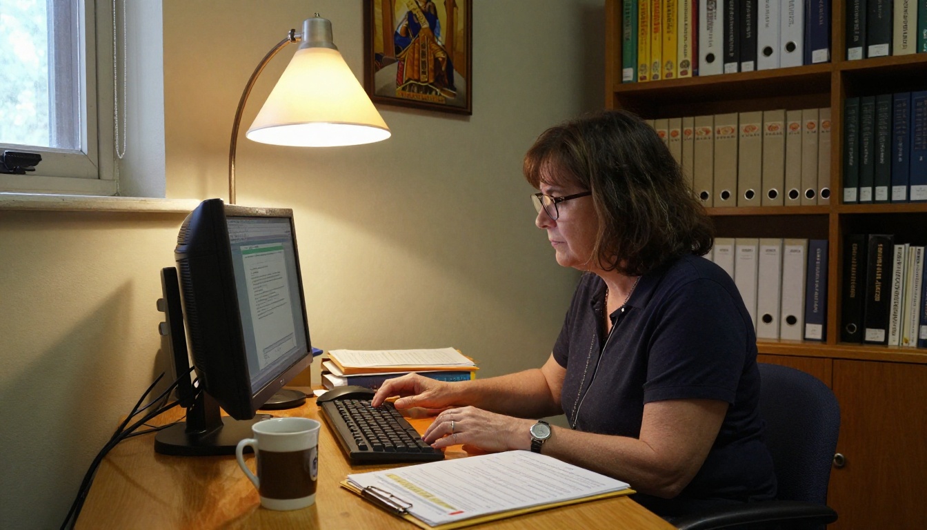 Church office administrator uploading a PDF bulletin to a desktop computer in a small church office