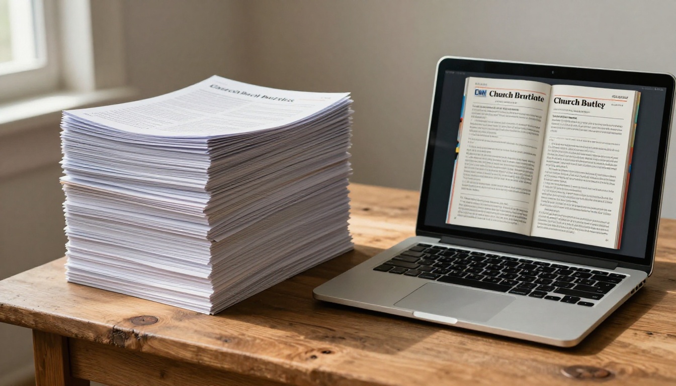 Stack of printed paper bulletins beside an open laptop showing the same bulletin as a digital flipbook