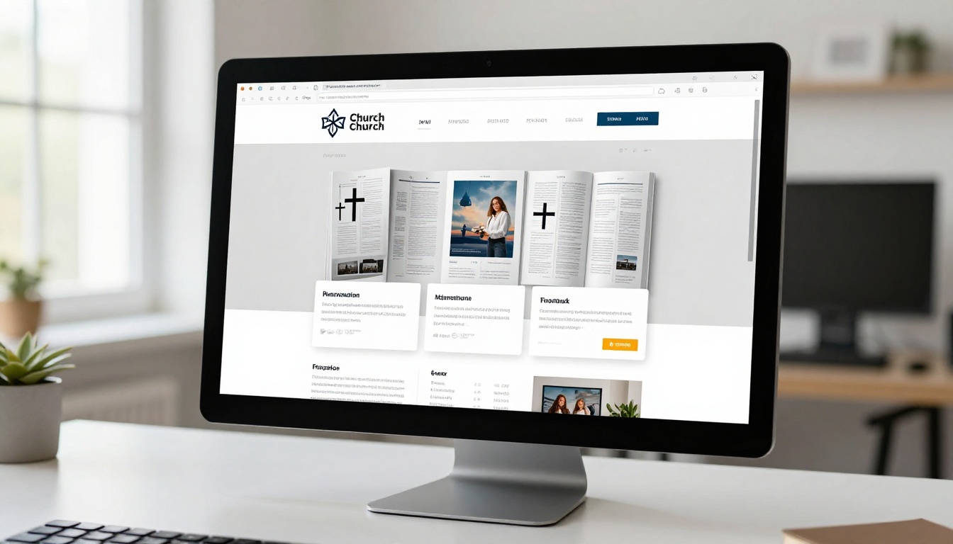 Church website displayed on desktop monitor showing embedded flipbook bulletin reader widget