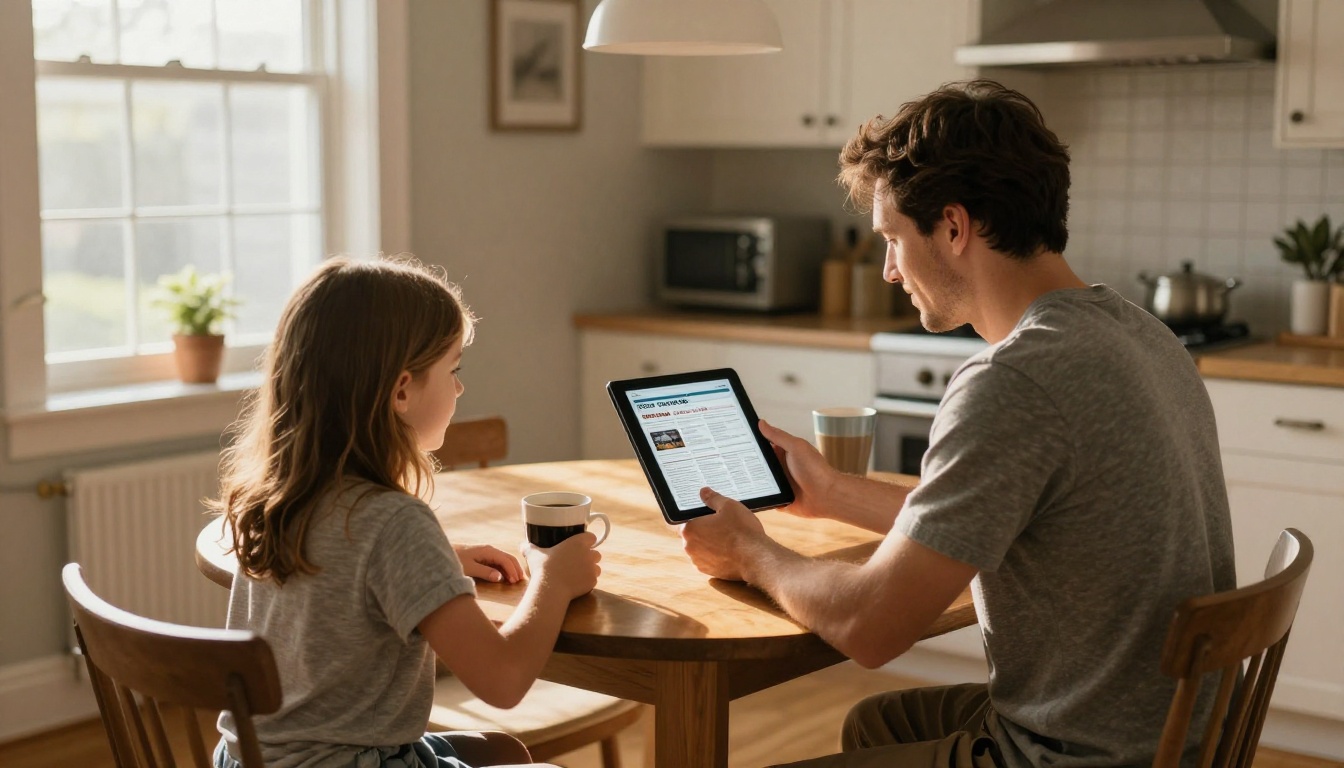 Family gathered around kitchen table looking at church bulletin on tablet on a Sunday morning