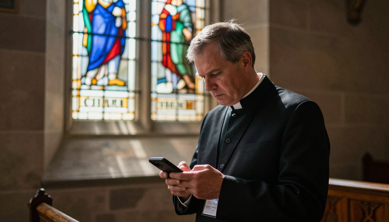 Pastor in dark clergy attire checking smartphone with digital church bulletin before Sunday service in a church vestibule
