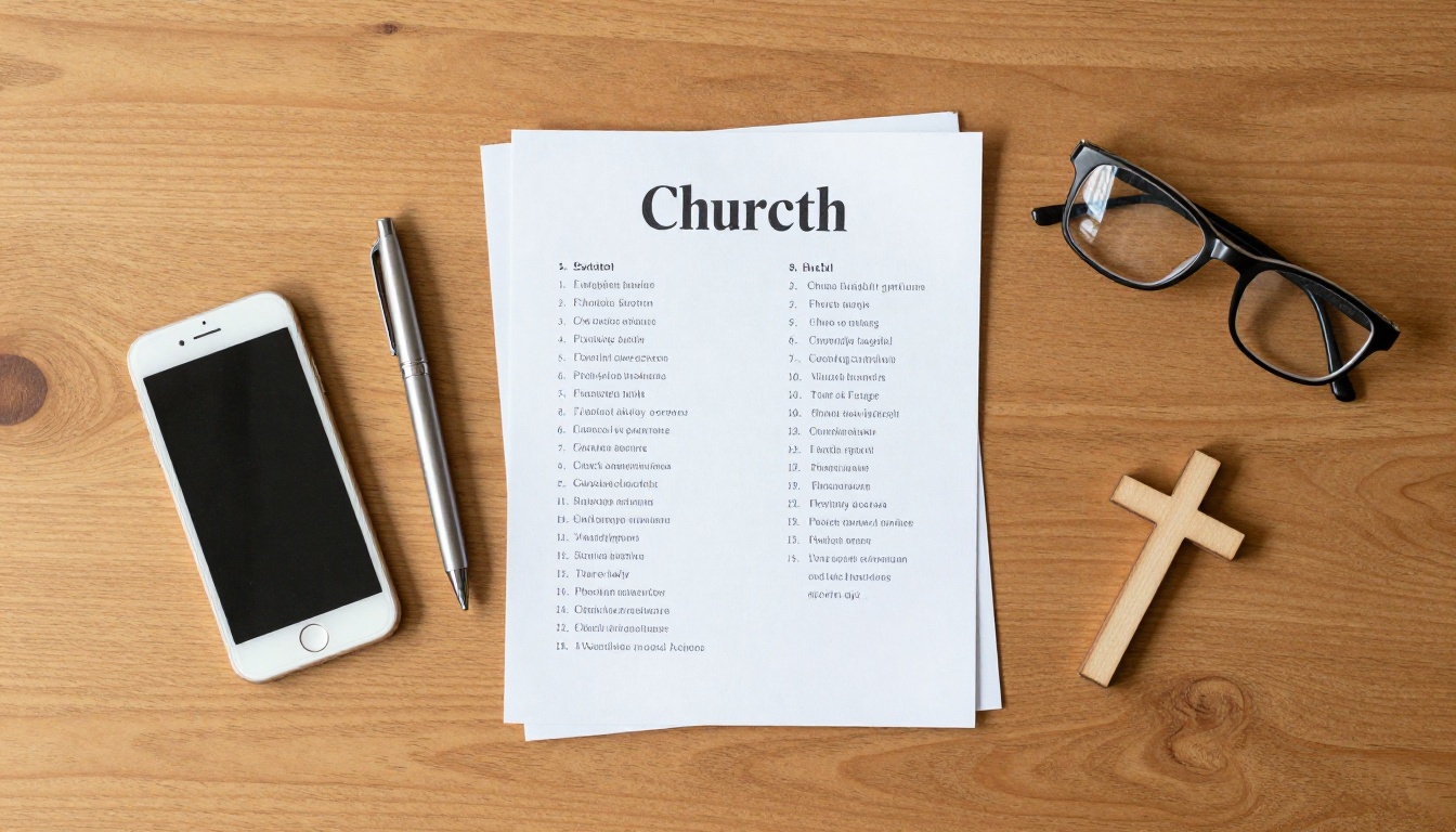 Flat lay overhead view of printed church bulletin, smartphone, pen, glasses, and small wooden cross on wooden desk