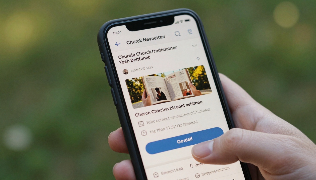 Smartphone held in hand displaying a church email with bulletin flipbook preview thumbnail and link